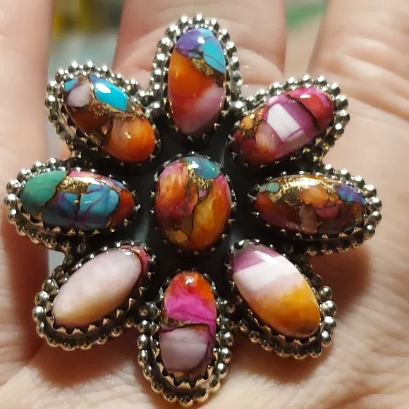 New Sterling Silver Large Flower Adjustable Ring in Pink Spiny Turquiose Dalia - Picture 5 of 8